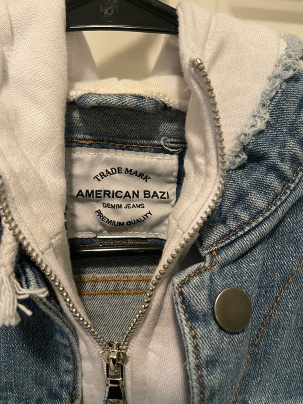 American Bazi Distressed Light Blue Denim Jacket with White Hoodie - Picture 3 of 6